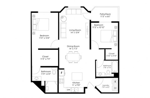 Floor plan for 2 beds, 2 baths, 1206 sqft